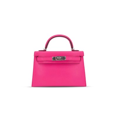 HERMES MASTER KELLY II SELLIER MINI ROSE POP CHEVRE LEATHER PALLADIUM HARDWARE 103785 (20*11*6cm)